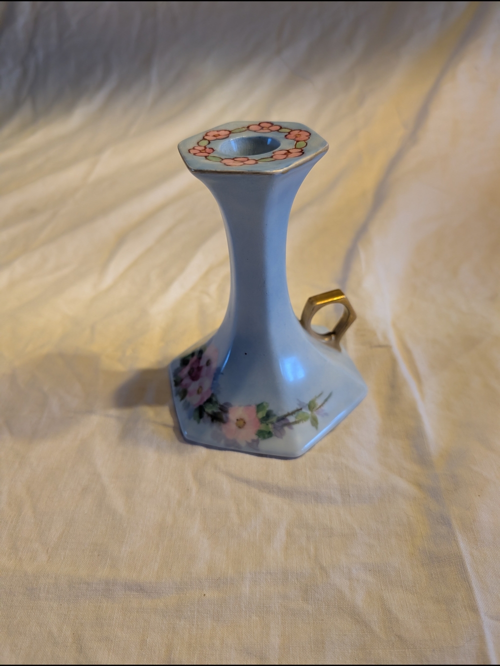 2/20$ Limoges White Porcelain Floral Candlestick with Gold Handle